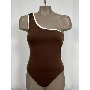 Del Moment Brown White One Shoulder One Piece Bodysuit Women's SMALL NWT